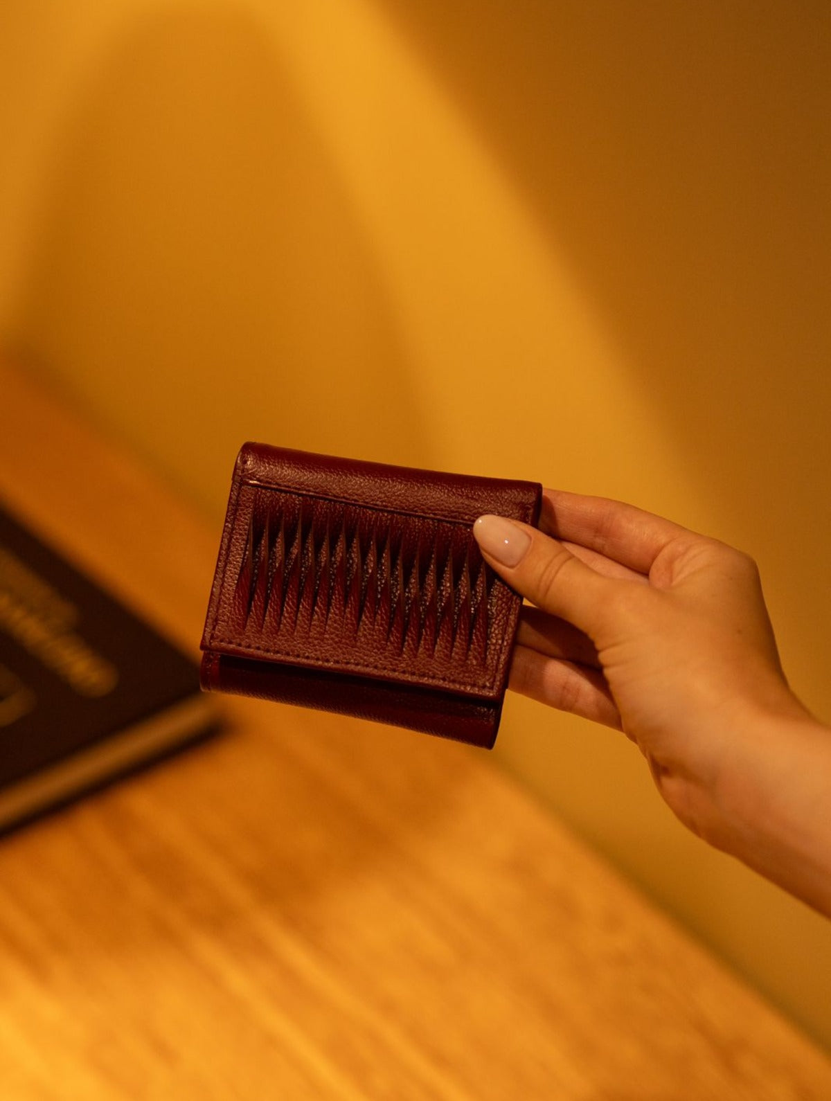Wallet Burgundy de cuero en la mano, Bibiana Hernández